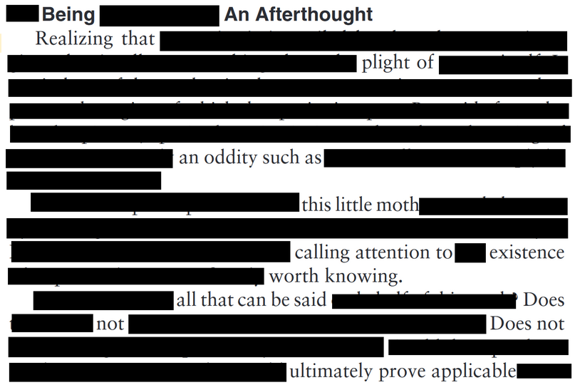 A blackout poem with text that reads, Being an afterthought: Realizing that plight of an oddity such as this little moth, calling attention to existence worth knowing. All that can be said does not, does not ultimately prove applicable.